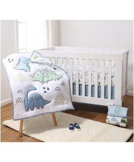 Blue Dino 5 Piece Crib Bedding Set for Baby Boys  Nursery Set with Blanket